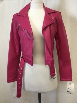 NO LABEL, Hot Pink, Faux Leather, Solid, Zip Front, Collar Attached, Epaulets, 2 Zip Pockets, Belt