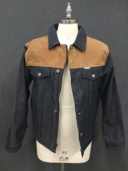 Mens, Jean Jacket, IRON & RESIN, Navy Blue, Brown, Cotton, Color Blocking, L, Brown Oilcloth Yoke, Zip/ Button Front, 4 Pockets, Long Sleeves, Button Tabs Back Waist