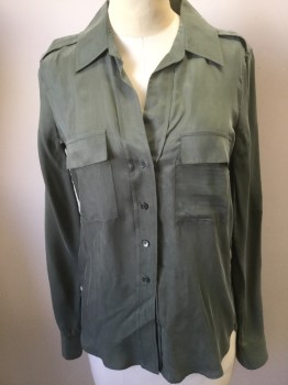 L'AGENCE, Moss Green, Silk, Solid, Collar Attached, Button Front, Chest Flap Pockets, Long Sleeves with Roll Up Buttons and Tabs