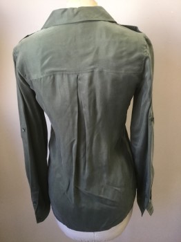 L'AGENCE, Moss Green, Silk, Solid, Collar Attached, Button Front, Chest Flap Pockets, Long Sleeves with Roll Up Buttons and Tabs