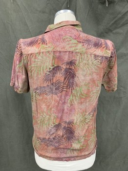 Mens, Hawaiian Shirt, NATIVE YOUTH, Faded Red, Olive Green, Aubergine Purple, Purple, Cotton, Leaves/Vines , Hawaiian Print, XL, Faded, Button Front, Collar Attached, Short Sleeves