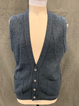 Mens, Sweater Vest, LONDON FOG, Blue-Gray, Black, Acrylic, Heathered, 2XLT, V-neck, Button Front, 2 Patch Pockets, Ribbed Knit Armholes/Waistband