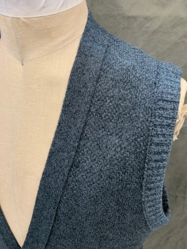 Mens, Sweater Vest, LONDON FOG, Blue-Gray, Black, Acrylic, Heathered, 2XLT, V-neck, Button Front, 2 Patch Pockets, Ribbed Knit Armholes/Waistband