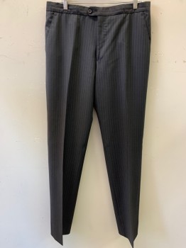PAUL SMITH, Charcoal Gray, White, Wool, Stripes - Pin, Flat Front, No Belt Loops, 4 Pockets, Tab Wb