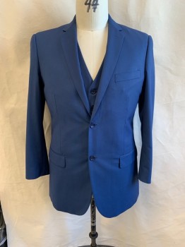 Mens, Suit, Jacket, DEMANTE, Navy Blue, Wool, Solid, 44R, Notched Lapel, Single Breasted, Button Front, 2 Buttons, 3 Pockets, Double Back Vent