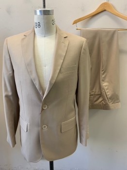 CARLO LUSSO, Tan Brown, Polyester, Rayon, Solid, Single Breasted, 2 Buttons,  Notched Lapel, 2 Back Vents,
