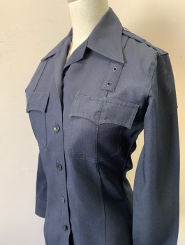 Womens, Fire/Police Shirt , MR. MARTI, Navy Blue, Polyester, Solid, B:34", Sz.32, Long Sleeves, Faux Button Front with Hidden Zipper, Collar Attached, 2 Patch Pockets with Flaps, Epaulets at Shoulders with Silver Embossed Button, Fitted