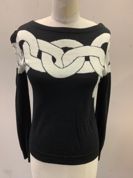 Womens, Pullover, DVF, Black, Ivory White, Wool, Rayon, Novelty Pattern, S, Long Sleeves, Bateau/Boat Neck, Ship's Knot Rope