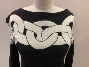 Womens, Pullover, DVF, Black, Ivory White, Wool, Rayon, Novelty Pattern, S, Long Sleeves, Bateau/Boat Neck, Ship's Knot Rope