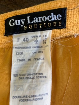 Womens, 1990s Vintage, Suit, Skirt, GUY LAROCHE BOUTIQUE, Mustard Yellow, Cotton, Solid, W:26, Coarse Weave Fabric, Knee Length, 1" Wide Self Waistband, Vent at Center Back Hem, Center Back Zipper,