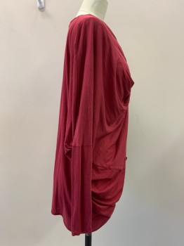 Womens, Top, ALL SAINTS, Red Burgundy, Lyocell, Cotton, Solid, S, Thin Jersey, Pull On, Dropped Shoulder L/S, Draped Cross Over Cowl, Open Front Waist