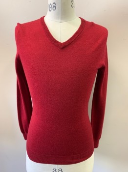 Mens, Pullover Sweater, J CREW, Wine Red, Wool, Solid, XS, Long Sleeves, V-neck, Fitted/Slim Fit,