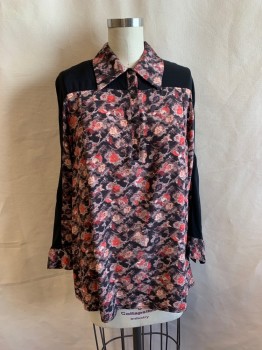 Womens, Blouse, TANYA TAYLOR, Black, Lt Brown, Lt Orange, Red, Beige, Silk, Floral, Abstract , 2, Collar Attached, Snaps on Half Placket and Cuffs, Black Silk Down Sleeves, Shoulders, and Yoke