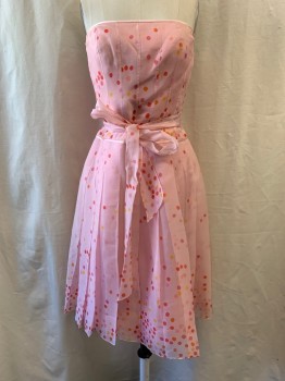Womens, Cocktail Dress, KAY UNGER, Lt Pink, Orange, Hot Pink, Goldenrod Yellow, Silk, Polka Dots, 4, 2pc with Matching Waist Sash, Tulle Over Lay, Strapless, Square Neckline, Vertical Self Stripes on Bodice, Pleated Skirt, Zip Back