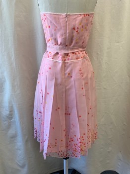 Womens, Cocktail Dress, KAY UNGER, Lt Pink, Orange, Hot Pink, Goldenrod Yellow, Silk, Polka Dots, 4, 2pc with Matching Waist Sash, Tulle Over Lay, Strapless, Square Neckline, Vertical Self Stripes on Bodice, Pleated Skirt, Zip Back