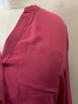 Womens, Blouse, SIMPLY EMMA, Magenta Pink, Polyester, Solid, 1X, Band Collar, V-N, Button Front, L/S, 1 Pocket, Bttn. at Middle of Each Sleeve