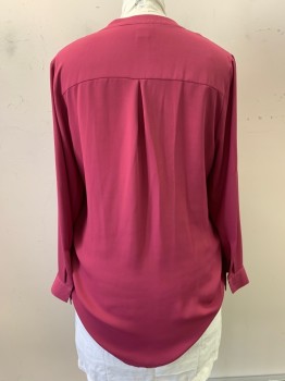 Womens, Blouse, SIMPLY EMMA, Magenta Pink, Polyester, Solid, 1X, Band Collar, V-N, Button Front, L/S, 1 Pocket, Bttn. at Middle of Each Sleeve