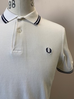 FRED PERRY, Cream, Navy Blue, Cotton, Solid, S/S, 2 Buttons, Collar Attached, Embroiderred Logo