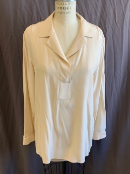 Womens, Blouse, LAFAYETTE, Cream, Silk, Solid, M, Notched Collar, V Neck, L/S, Silver Buttons
