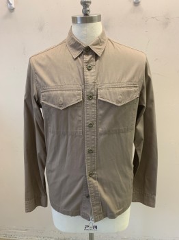 Mens, Casual Shirt, ALL SAINTS, Putty/Khaki Gray, Cotton, Solid, M, Long Sleeves, Button Front, 7 Buttons Front, 4 Pockets, Button Cuffs, Top Stitch Across Chest