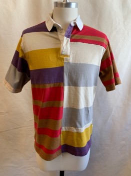 URBAN OUTFITTERS, Red, Brown, Purple, Yellow, Gray, Cotton, Stripes, Patchwork, Stripe Fabrics Patched Together, Button Placket with Hidden Placket, Solid White Twill Collar Attached, Short Sleeves