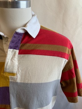 URBAN OUTFITTERS, Red, Brown, Purple, Yellow, Gray, Cotton, Stripes, Patchwork, Stripe Fabrics Patched Together, Button Placket with Hidden Placket, Solid White Twill Collar Attached, Short Sleeves