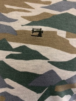 SCOTCH & SODA, Moss Green, Lt Brown, Blue-Gray, Sage Green, Cotton, Abstract , S/S, 3 Buttons, C.A., Abstract Pattern of Mountains Resembling Camouflage, Vintage Sewing Machine Embroidered Logo, 2 Side Vents