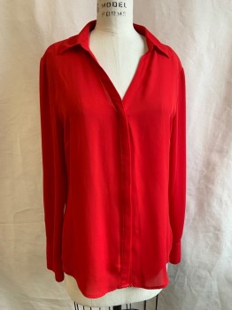 WORTHINGTON, Red, Polyester, Solid, L/S, V-N, C.A., B.F., Sheer Fabric