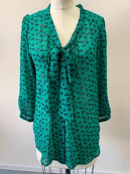 XHILARATION, Emerald Green, Navy Blue, Polyester, Novelty Pattern, Sheer Horse Print, Button Front, 3/4 Sleeves, Pleat Bib, Attached Neck Tie V-N, Button Cuff