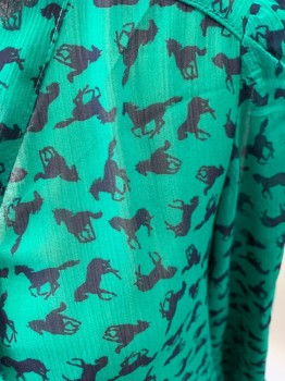 Womens, Blouse, XHILARATION, Emerald Green, Navy Blue, Polyester, Novelty Pattern, M, Sheer Horse Print, Button Front, 3/4 Sleeves, Pleat Bib, Attached Neck Tie V-N, Button Cuff