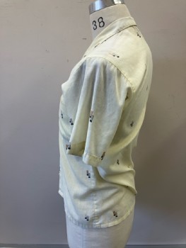 Mens, Shirt, MARC DANIELS, S, Pale Yellow with Brown/Grey/Black Rectangle Design, Pressed Open Collar, B.F., S/S,