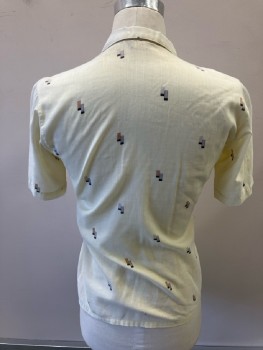Mens, Shirt, MARC DANIELS, S, Pale Yellow with Brown/Grey/Black Rectangle Design, Pressed Open Collar, B.F., S/S,