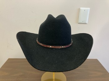 CODY JAMES, Black, Wool, Solid, Through Roads, Brown/Black Band with Silver Studs And Buckle, Decorative Stitching