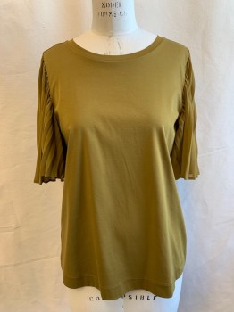 ANN TAYLOR, Olive Green, Cotton, Polyester, Solid, Scoop Neck, Cotton Body, Polyester Press Pleated Flutter Short Sleeves