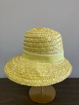 N/L, Yellow, Straw, Solid, Raffia Sun Hat, High Flat Crown, Graded Brim, Cream & Yellow Grosgrain Band, Wired Brim