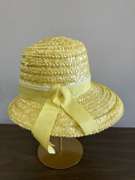 N/L, Yellow, Straw, Solid, Raffia Sun Hat, High Flat Crown, Graded Brim, Cream & Yellow Grosgrain Band, Wired Brim