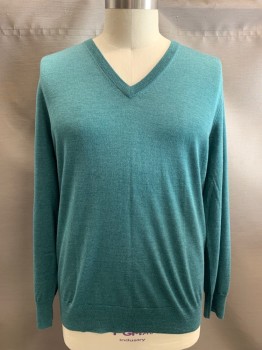 Mens, Pullover Sweater, BROOKS BROTHERS, Teal Blue, Wool, XL, V-N, L/S, Ribbed Waist, Cuffs, & Neckline