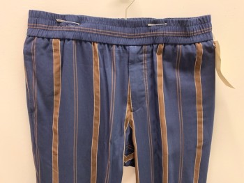 Mens, Casual Pants, PAUL SMITH, Navy Blue, Brown, Cream, Viscose, Nylon, Stripes - Vertical , 36/33, Elastic Waist, Zip Front, 2 Slant Pockets, Mults.