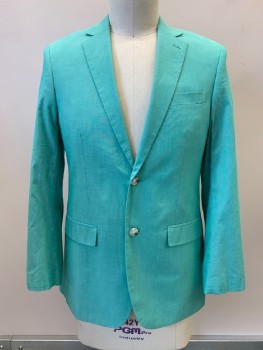 Mens, Sportcoat/Blazer, ALAN FLUSSER, Sea Foam Green, Cotton, Solid, 40R, 2 Buttons Single Breasted, Notched Lapel, 3 Pockets