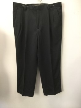 Mens, Slacks, PERRY ELLIS, Black, Polyester, Solid, 26, 33, Double Pleated, Zip Fly, Button Tab Closure, Belt Loops