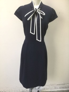 Womens, Dress, Short Sleeve, J CREW, Navy Blue, White, Wool, Polyester, Solid, 4, Solid Dark Navy with White Accents at Stand Collar, Self Tie Bow at Center Front Neck, Cap Sleeve, Double Pleats at Either Side of Waist, Knee Length, Invisible Zipper at Center Back