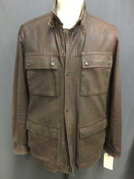 Mens, Casual Jacket, NO LABEL, Brown, Cotton, 44, Long Sleeves, 4 Patch Pockets with Snap Down Flaps, Zip Out Hood, Coated Cotton Canvas, Zip Front