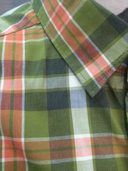 PENGUIN, Olive Green, Red-Orange, White, Charcoal Gray, Cotton, Plaid, Long Sleeve Button Front, Collar Attached, 1 Pocket