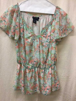 MAX  EDITION, Sea Foam Green, Coral Pink, Lt Pink, Polyester, Abstract , Floral, Crepe, Lined Sheer, Elastic Rouched Neckline, Elastic Waist, Fluttery Short Sleeve,