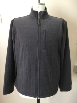 Mens, Casual Jacket, STAG PROVISIONS, Charcoal Gray, Polyester, Cotton, Solid, XL, Zip Front, Sewn Vertical Lines, Long Sleeves, 3 Pockets, Band Collar, Fleece Lining