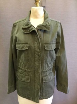Womens, Casual Jacket, MADEWELL, Olive Green, Cotton, Solid, S, Zip/Snap Front, 4 Flap Pockets, Long Sleeves, High Collar, Drawstring Waist, Snap Cuffs