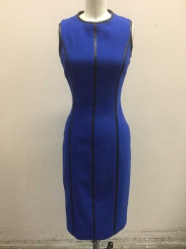 Womens, Dress, Sleeveless, MICHAEL KORS, Royal Blue, Black, Wool, Spandex, Solid, 2, Royal Blue Crepe with Black Accent Vertical Stripe Insets (1/2" Wide) and Black Round Neck,  Sleeveless, Sheath Fit, Hem Below Knee, Invisible Zipper at Center Back