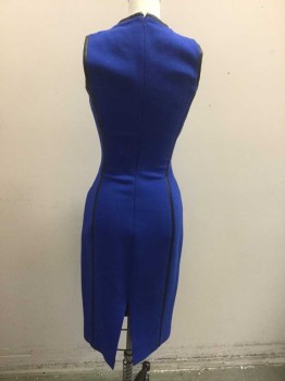 Womens, Dress, Sleeveless, MICHAEL KORS, Royal Blue, Black, Wool, Spandex, Solid, 2, Royal Blue Crepe with Black Accent Vertical Stripe Insets (1/2" Wide) and Black Round Neck,  Sleeveless, Sheath Fit, Hem Below Knee, Invisible Zipper at Center Back