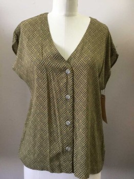 BRIDGE AND BURN, Tan Brown, Teal Green, Rayon, Basket Weave, Button Front, V-neck, Cap Sleeves, Boxy