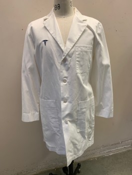MR. BARCO, White, Poly/Cotton, Solid, 4 Button Front, Notched Lapel, Navy Medical Symbol Embroidered at Chest, Long Sleeves, 4 Pockets, Back Belt Attached, Center Back Hem Vent, 2 Side Seam Pocket Holes